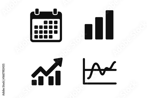 Usage tracking icons set vector, solid filled monthly calendar, bar graph analytics, upward arrow trend chart, average line graph illustration, data monitoring symbols collection