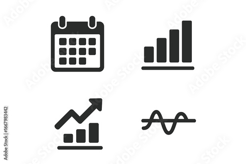 Usage tracker icons set with solid filled monthly calendar, bar graph, upward arrow trend, and average line graph symbols, vector illustration on transparent background
