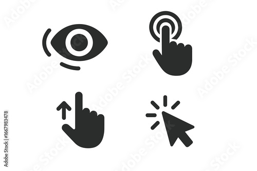 User experience icons set with solid filled design including eye tracking, touch gestures, scroll hand, cursor click, and interactive interface elements vector illustration