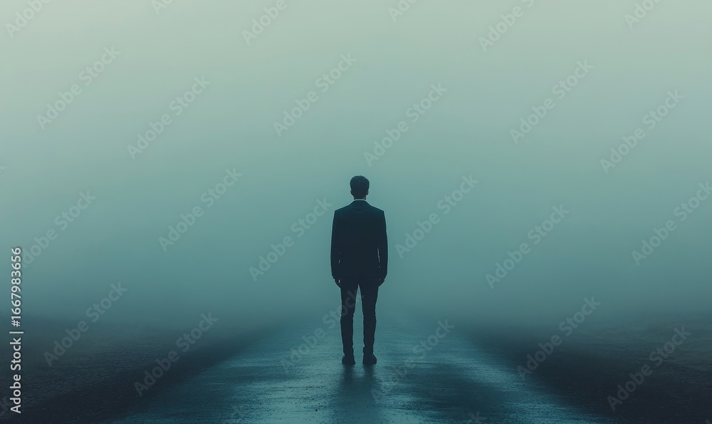 Fototapeta premium pensive businessman in a suit stands at the edge of a road that disappears into dense fog, symbolizing the uncertainty and unpredictable nature of business decisions, emphasizing, Generative AI