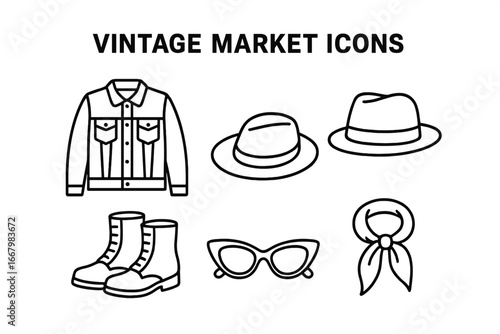 Vintage market clothing outline icons set, denim jacket, fedora hat, leather boots, retro cat-eye sunglasses, silk scarf, classic fashion accessories vector illustration transparent