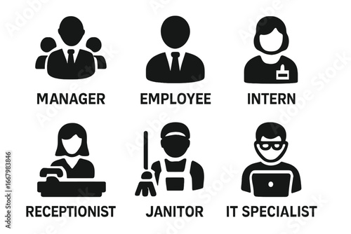 Workplace roles icons solid filled vector set including manager, employee, intern, receptionist, janitor, IT specialist, office job symbols, business personnel silhouettes, staff positions