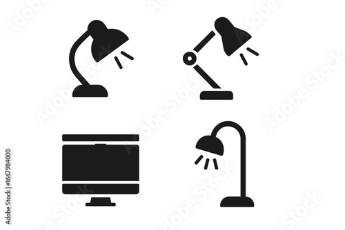 Workspace lighting icons solid filled vector set of workspace lights including desk lamp, adjustable arm lamp, monitor light bar, and task lamp isolated on transparent background