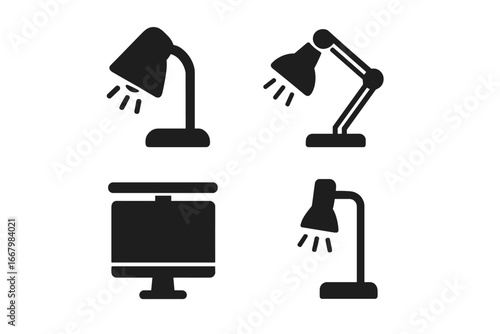 Workspace Lighting Icons Solid Filled Vector Set of Desk Lamp Adjustable Arm Lamp Monitor Light Bar and Task Lighting Vector Illustration on Transparent Background