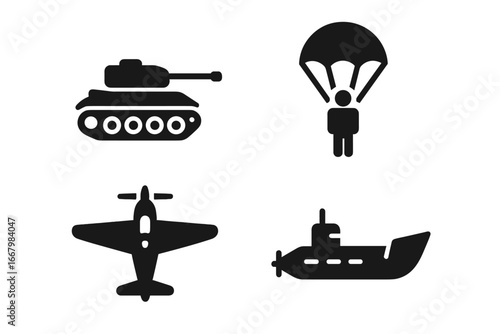 World War II Military Icons Set. Solid Filled Vector Illustrations of WWII Operations Including Tank, Paratrooper, Warplane, Submarine, and Landing Craft on Transparent Background