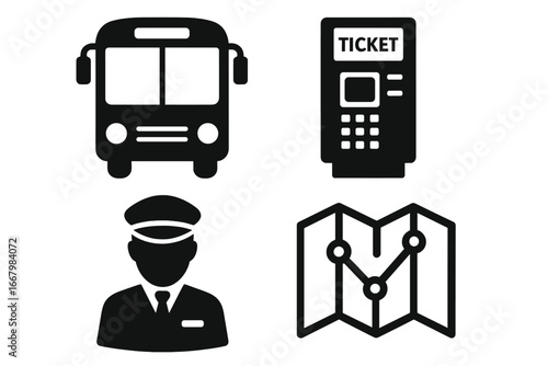 Solid Filled Transport Icons Set with Public City Bus, Ticket Machine, Bus Driver, and Detailed Route Map Vector Illustration for Urban Mobility and Transit Systems