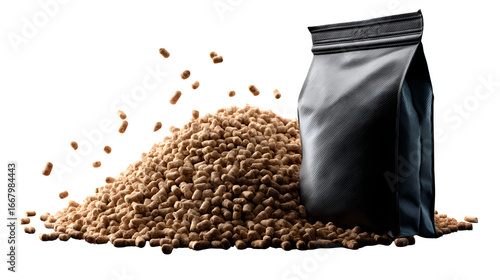 Modern black packaging mockup with pet food pellets spilling, perfect for branding and product design presentations