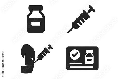 Vaccination Icon Grid Set with Solid Filled Vaccine Vial, Syringe, Injection Arm, and Vaccination Card - Vector Cartoon Illustration for Immunization Campaign