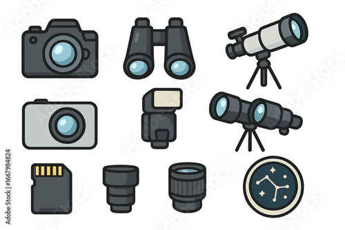 Photography and stargazing icon set. Vector collection of gadgets and equipment for hobby. Camera, telescope, binoculars, lens, flash, and memory card cartoon illustrations.