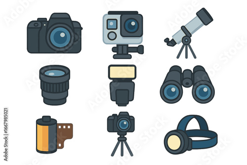 Photography and videography icon set. Stargazing, astronomy and hiking gear. Vector collection with camera, lens, telescope, binoculars, film, action cam, flash and headlamp.