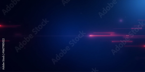 Abstract dark blue background with bright flashes of light and glowing lines in motion