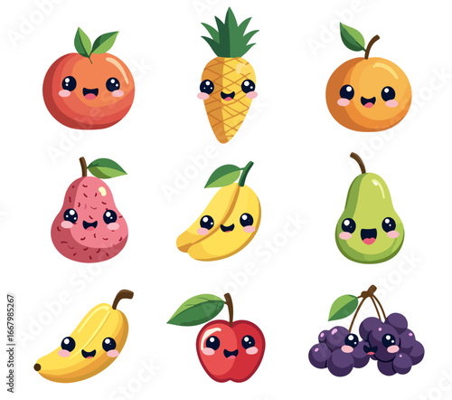 A funny cartoon vector set of smiling fresh fruits like apple, strawberry, pear, orange, and banana illustration
