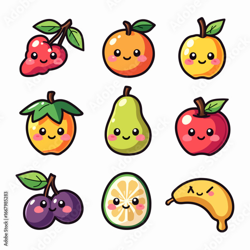 A funny cartoon vector set of smiling fresh fruits like apple, strawberry, pear, orange, and banana illustration