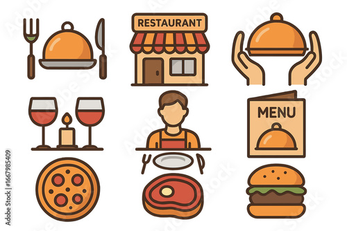 Set of restaurant icons for food and drink. Vector flat illustration of menu, waiter, dining, pizza, burger, steak, wine. Graphic design elements for cafe, bistro, culinary theme.