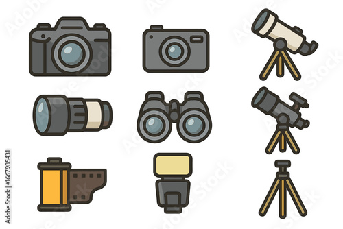 Photography and astronomy icon set. Vector collection of photo camera, lens, telescope, binoculars, film, flash and tripod. Stargazing and photographer equipment symbols.