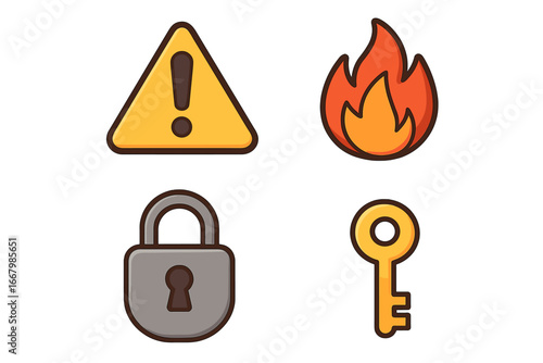 Cybersecurity icon set. Digital safety and data protection symbols. Vector illustration of warning sign, fire, firewall, padlock and key. Concept of internet risk, alert, threat.