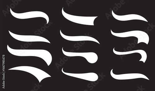 Vector black sport tails. Swoosh silhouette elements for baseball, football or athletics lettering. Baseball swoosh text tails. Sports underline curly shapes set. Swirl lines, swish or swash shapes.