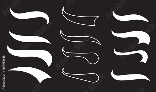 Elegant text tails swoosh Vector, calligraphy swirls for logo design, decoration. Varied thickness, curvature. Simple to complex shapes.