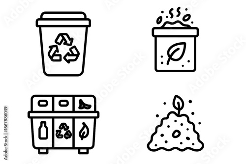 Recycling tools outline icon set. Waste sorting station, compost bin, recycle container. Vector concept of ecology, environment, sustainability, zero waste, conservation.