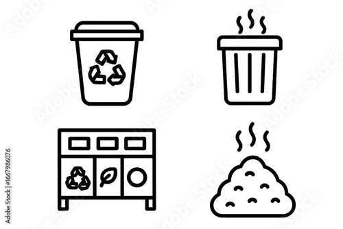 Waste management and recycling outline icon set. Garbage sorting and disposal vector symbols. Trash can, compost pile, rubbish bin for environmental and ecology concepts.