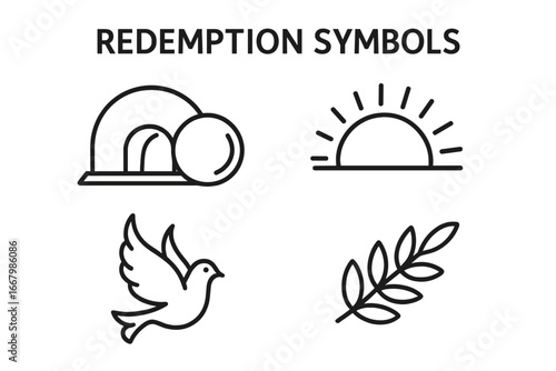 Christian redemption symbols icon set. Easter resurrection story with empty tomb and rolled stone. Hope, faith and new life concept with rising sun, dove and olive branch icons.