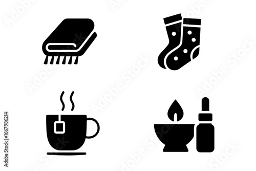 Relaxation glyph icon set. Self-care, wellness and comfort symbols. Cozy hygge elements like warm blanket, socks, herbal tea, aromatherapy, essential oil and candle.
