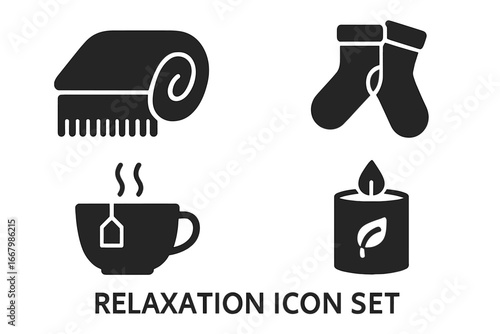 Relaxation solid icon set for wellness and self-care. Cozy hygge lifestyle symbols. Warm blanket, socks, herbal tea, and scented candle for stress relief. Vector glyphs.
