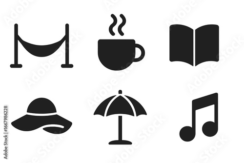 Relaxation solid icon set. Leisure and vacation symbols. Hammock, coffee cup, book reading, sun hat, beach umbrella, music note. Summer holiday glyph vector pictogram collection.