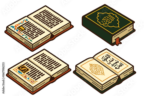 Islamic Religious Calligraphy and Manuscript Icons. Isometric Vector Set of Illuminated Quran Pages and Arabic Calligraphy, Ornate Book Decorations, Islamic Culture Religious Text Art
