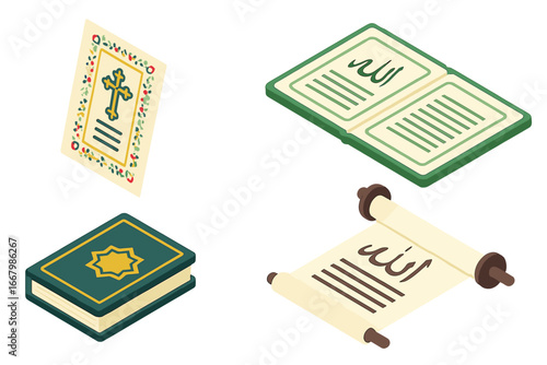 Religious holy book icon set. Isometric vector illustration of Christian and Islamic sacred texts. Includes Quran, Bible manuscript page, and ancient scroll with calligraphy.