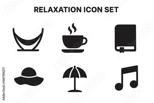 Relaxation solid glyph icon set vector. Symbols of leisure, vacation, hobby, wellness. Hammock, coffee, book, sun hat, beach umbrella, music note for holiday concepts.