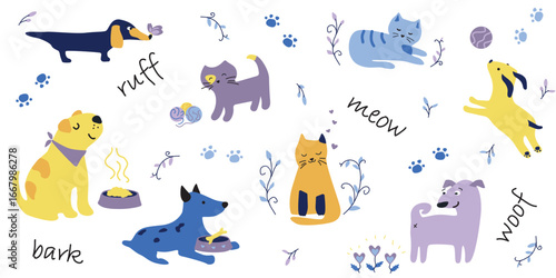 Playful vector illustration set of colorful cartoon cats and dogs with paw prints, food bowls, funny expressions and sound words meow, bark, woof, ruff on white background