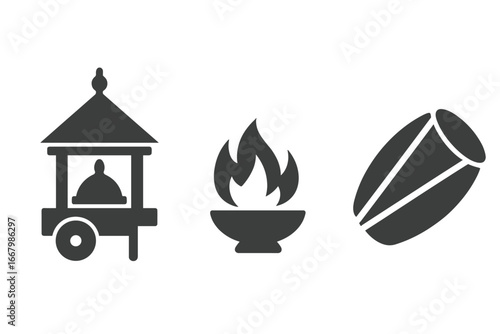Hindu religious festival icon set. Indian culture symbols for celebration and ceremony. Temple chariot procession, havan fire ritual, and dholak drum music vector icons.