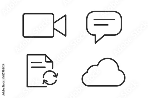 Remote work and collaboration outline icon set. Vector icons for video conference, team chat, shared documents, and cloud storage. Business communication and teamwork symbols.