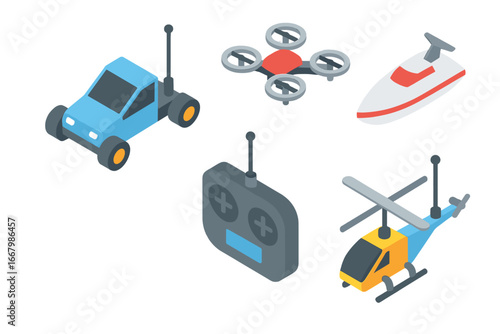 Remote control toy icon set. Isometric vector illustration of RC vehicles. Includes car, drone, boat, helicopter, and controller. Flat design concept for games and hobbies.