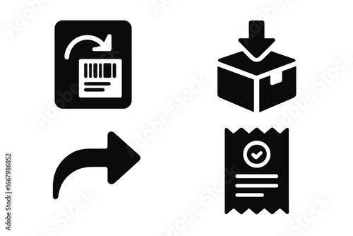 Return shipping solid icon set. Vector icons for e-commerce logistics, including package return, shipping label, receipt, and arrow symbol for delivery service and refund process.