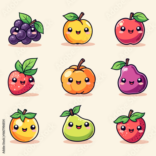 A simple colorful set of fresh fruits and berries illustrated in a clean cartoon style