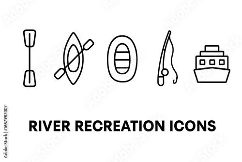 River recreation outline icon set. Vector linear symbols for water sports and leisure. Includes kayak, paddle, canoe, inflatable rafting boat, fishing rod, and cruise ship.