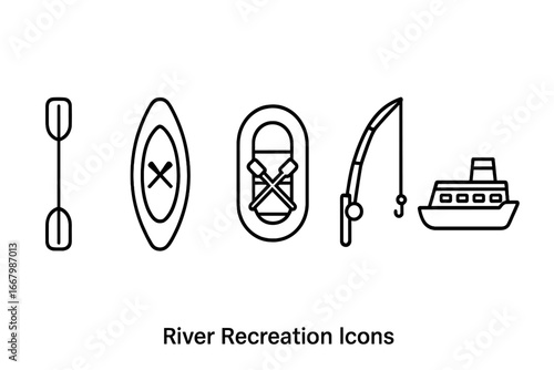River recreation outline icon set. Vector symbols for water sports and leisure. Line art illustration of kayak, paddle, canoe, rafting boat, fishing rod, and cruise ship.