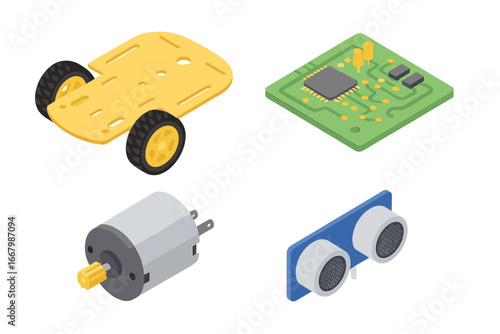 Robotics science kit isometric icon set. DIY electronics project components. Vector illustration of robot chassis, circuit board, DC motor, ultrasonic sensor for STEM education.
