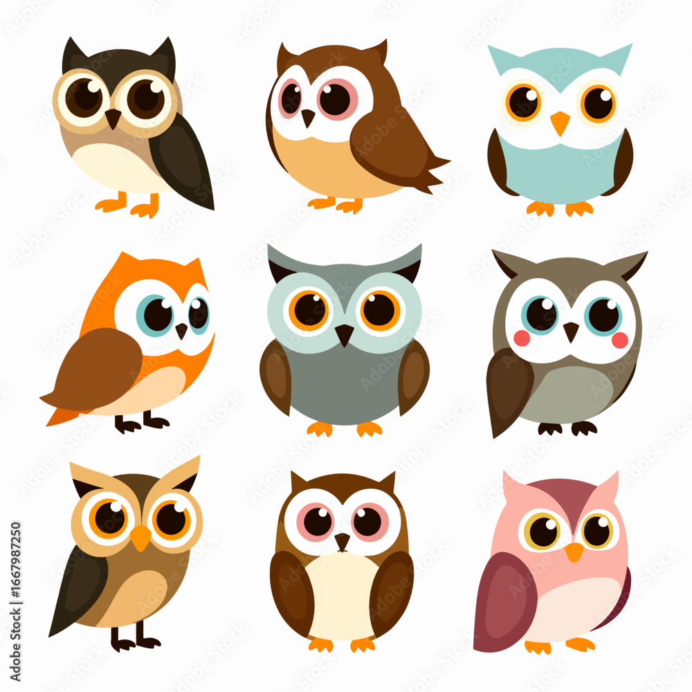 Fototapeta premium Vibrant Bird Collection Showcasing Unique Owl Personalities and Eye Shapes