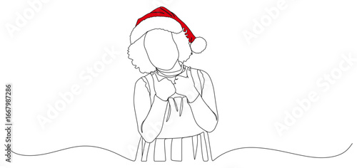 minimal line art illustration of a child wearing a red Santa hat. The child is shown with hands held close to the chest, suggesting excitement, joy, or anticipation