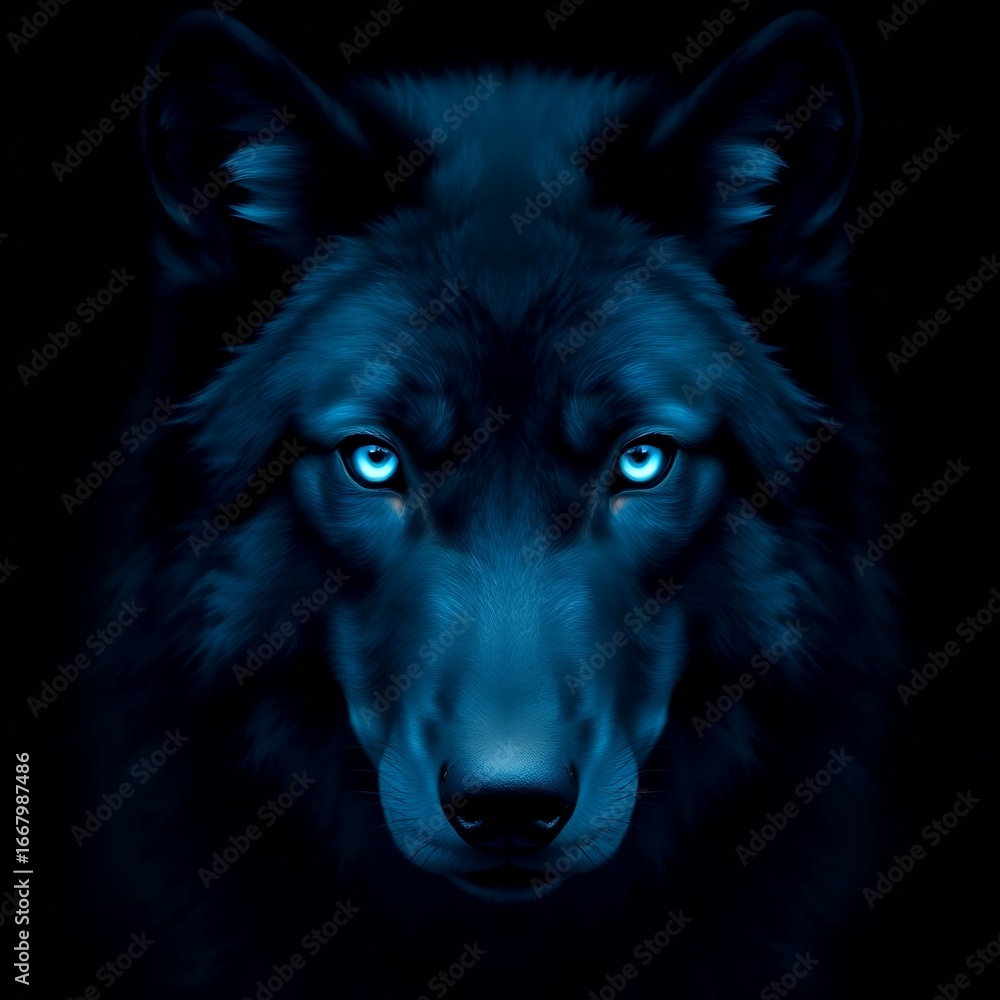 Naklejka premium Hyper-Realistic Blue Wolf Portrait – Digital Art with Monochromatic Palette, Glowing Eyes, Dramatic Lighting, and Intense Detail Symbolizing Strength, Mystery, and the Spirit of the Wild.