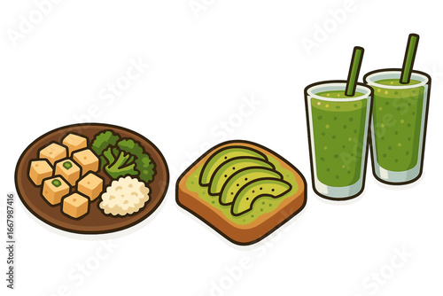 Vegan meal options featuring tofu cubes, avocado toast with slices, and refreshing green smoothies, healthy plant-based food illustration with simple background, vector cartoon style