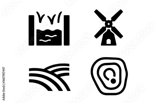 Rural land management vector icon set. Solid glyph icons for agriculture, farming, and environment. Irrigation canal, windmill, field boundary, topographic map symbol concept.