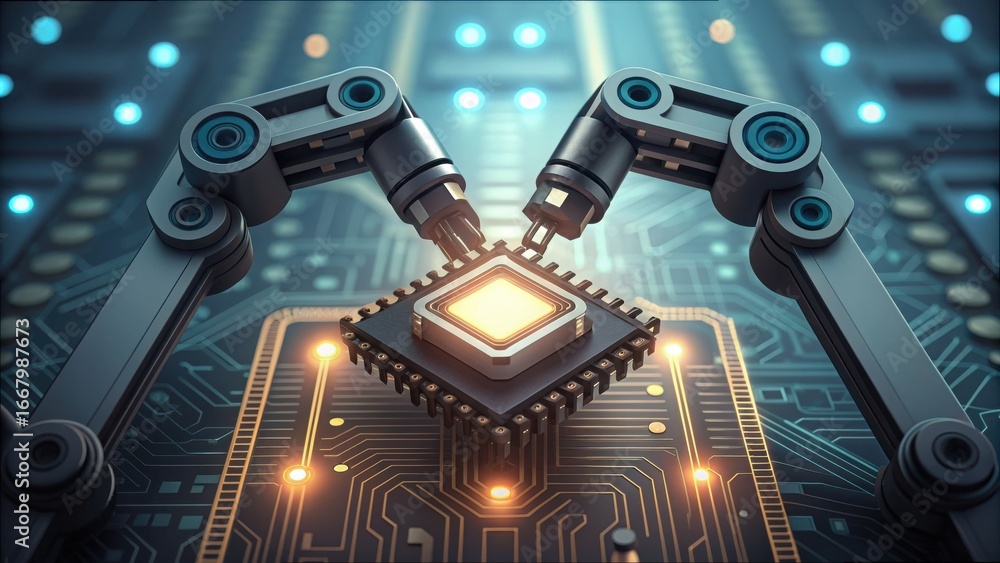 Fototapeta premium Robotic Arms Using Clamps to Secure Data Chip on Circuit Board