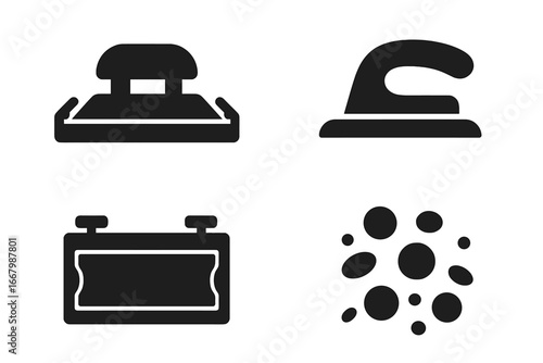 Sanding tools solid glyph icons set. Sandpaper holder, hand sander block, ergonomic handle grip, and dust particles. Carpentry, woodworking, and renovation equipment symbols.