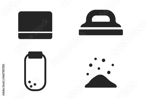 Sanding tools solid icon set. Sandpaper, hand sander with handle grip, sanding block and dust particles. Woodworking, carpentry and renovation vector symbol collection.
