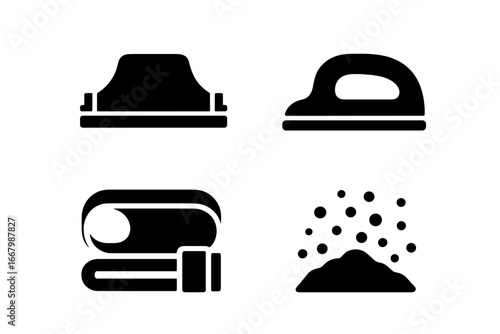 Sanding tools icon set. Solid glyphs of woodworking equipment. Includes sanding block, hand sander with grip, abrasive belt, and dust particles. Vector silhouette pictograms.