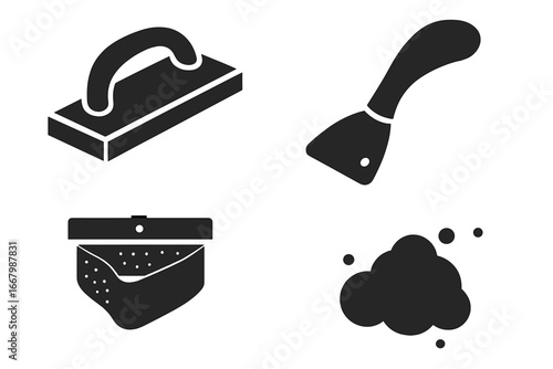 Sanding tools icon set. Hand sander, putty knife, dust mask, dust cloud solid icons. Woodworking, construction, DIY, home improvement, renovation, repair, carpentry vector.